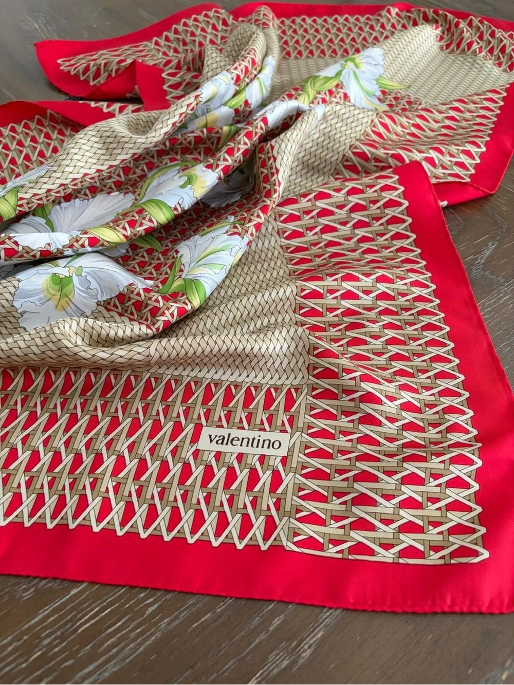 Valentino Silk Scarf Red White Floral Hand Rolled Made In Italy